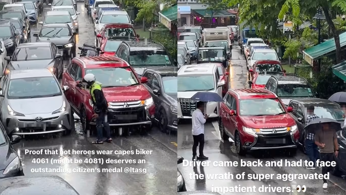 Double-parked car blocks traffic, sparking public outrage; motorcyclist helps direct cars