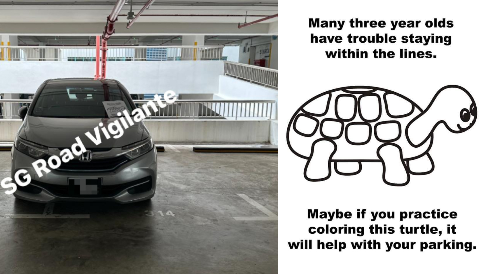 Car drivers who park poorly will now be issued turtle colouring sheet to practise ‘staying within lines’