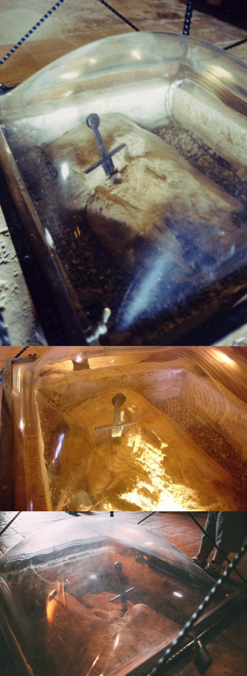 The real sword in the stone. The perspex cover makes it look like a bad render, but it is real. Many people have tried to steal it. On display at the chapel are the mummified hands of a thief who tried to remove the sword and was suddenly slaughtered by wild wolves. Pic in comms