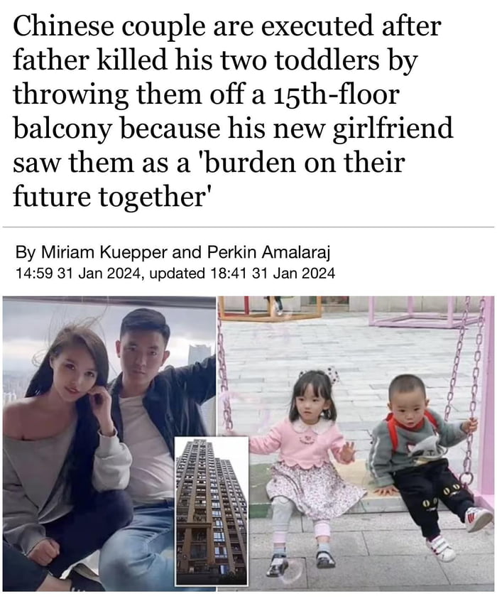 Chinese man murders his 2yo daughter and 1yo son after constant pressure from his girlfriend to \u201cget rid of them\u201d because they \u201cshouldn\u2019t exist anyway\u201d