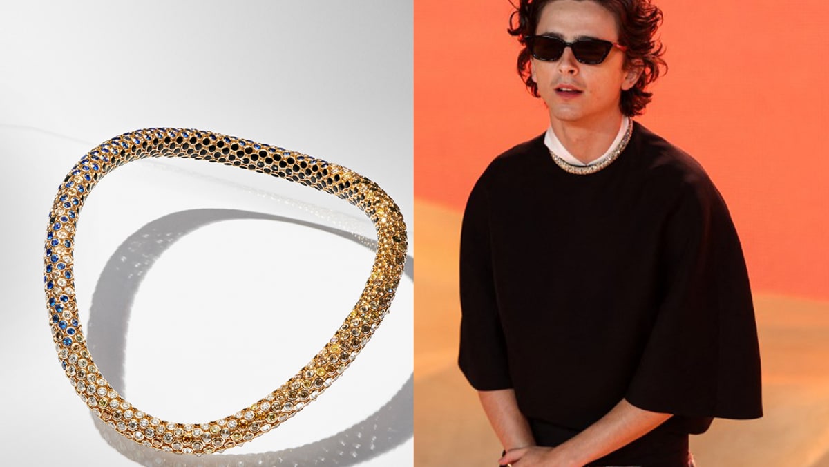 Timothee Chalamet wore a custom Cartier necklace at the world premiere of Dune Part Two