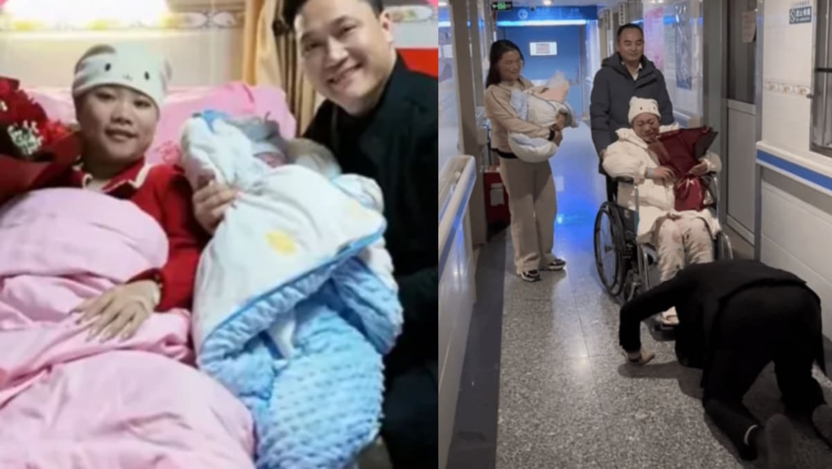 Chinese Man Kneels In Front Of Wife When She Finally Births Him A Son After 3 Daughters