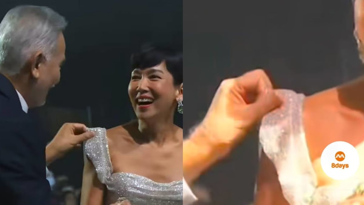 Zhu Houren Calls Himself A “Mountain Tortoise” For Pulling Up The Strap Of Kym Ng’s Off-Shoulder Gown At Star Awards