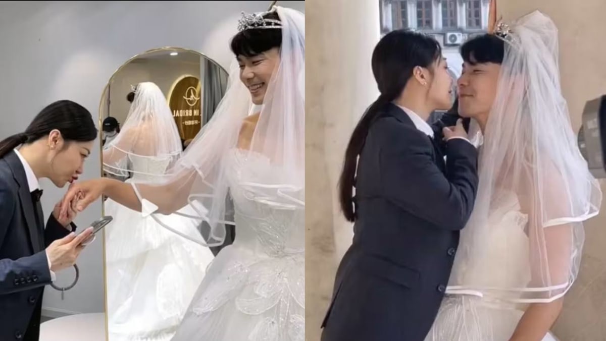 Dai Xiangyu, 39, Forced By Wife Chen Zihan, 46, To Wear Wedding Dress For Their 8th Anniversary Photo Shoot