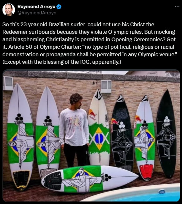 Really? It's not even a religious manifestation, it's a symbol of his town Rio de Janeiro and one of most famous monuments of his country, and was used in Brazil's olympics as promotional image all the time. This is hypocrisy at its highest level…