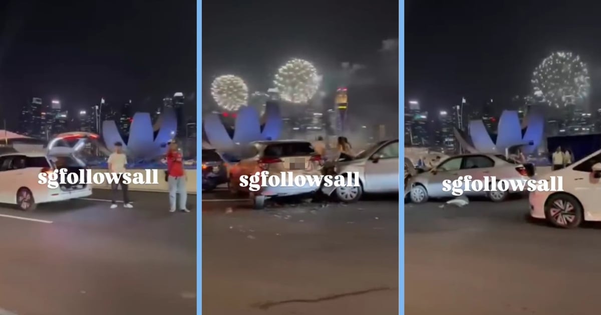 NDP Rehearsal Fireworks Go Off Behind Multi-Car Accident in Marina Bay