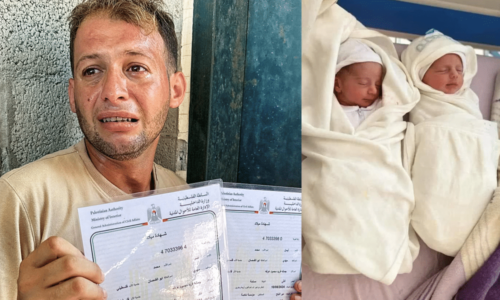 Palestinian father’s twin babies killed by Israeli airstrike while he collects birth certificates