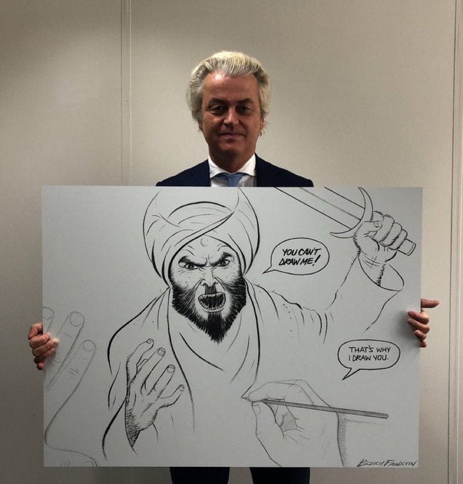 Dutch politician Geert Wilder showing a drawing of Mohammed. Guess how many death threats he got so far?