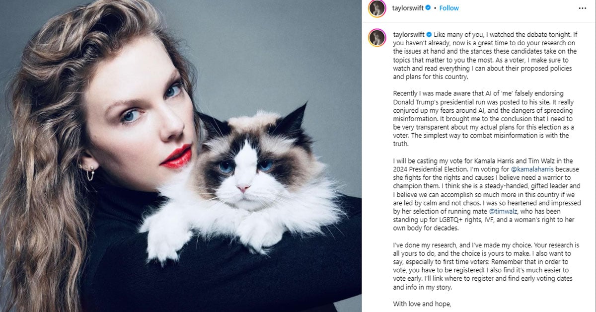 Taylor Swift Has Just Endorsed Kamala Harris; Here’s Why It’s a Big Hoo-Ha