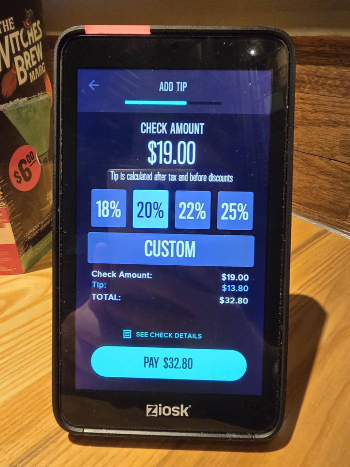 The suggested 20% tip is actually 72.6%