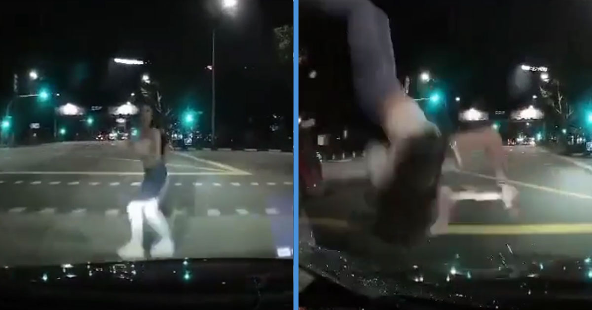 Taxi Slams into Woman Who Jaywalks While Looking at Her Phone at Orchard Road