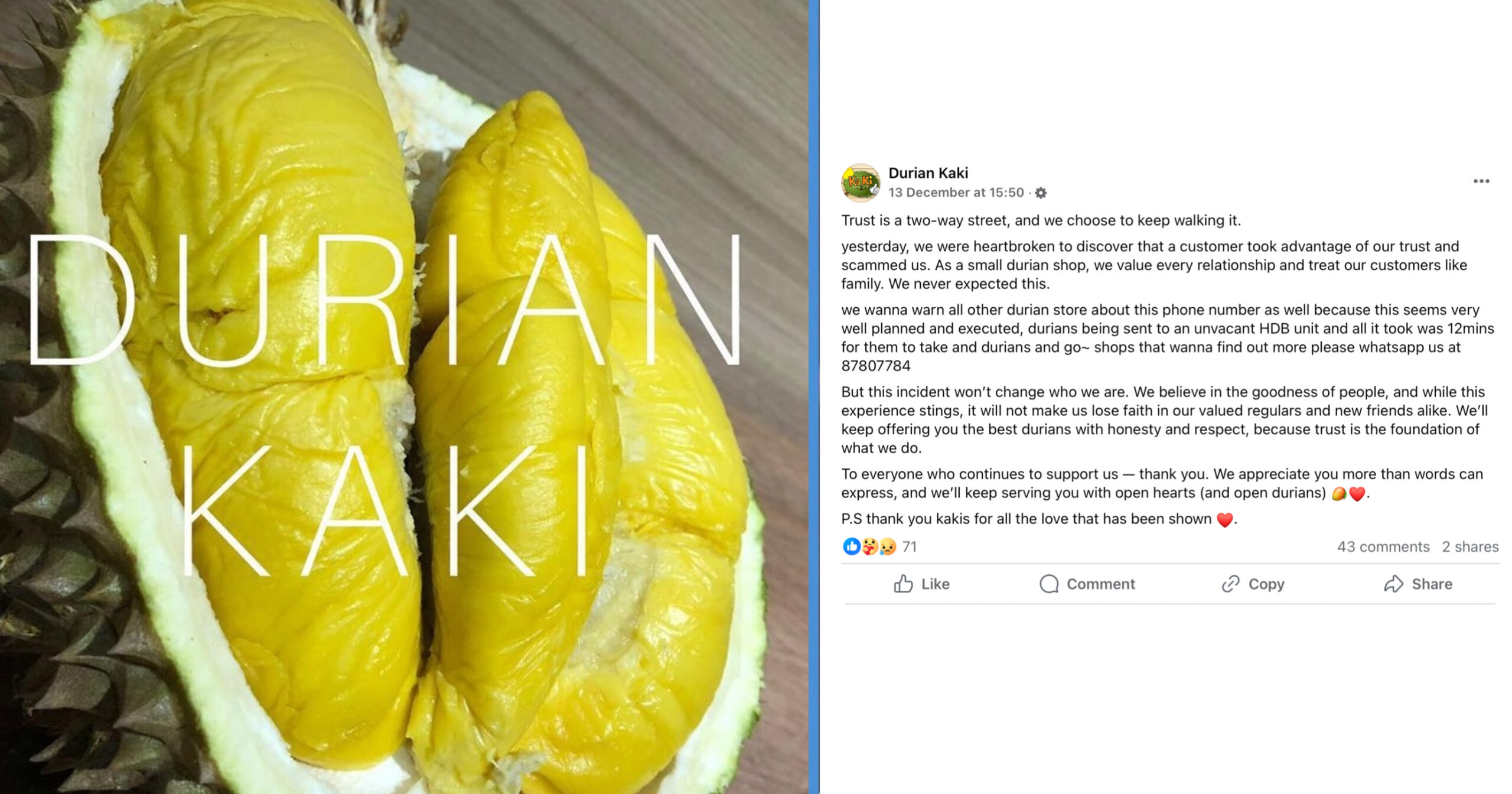 0 Worth of Durians Delivered to Customer; Customer Allegedly Takes Durians Without Making Payment