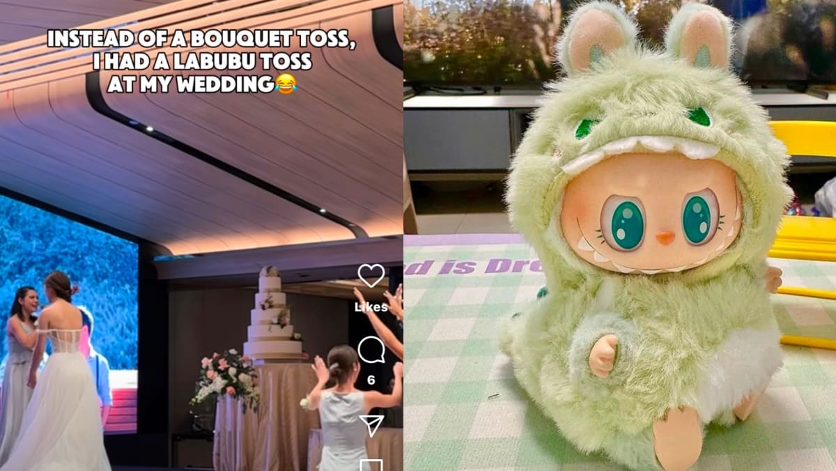 S’pore Bride Throws Labubu Doll For Bouquet Toss Because She Left Wedding Flowers At Home