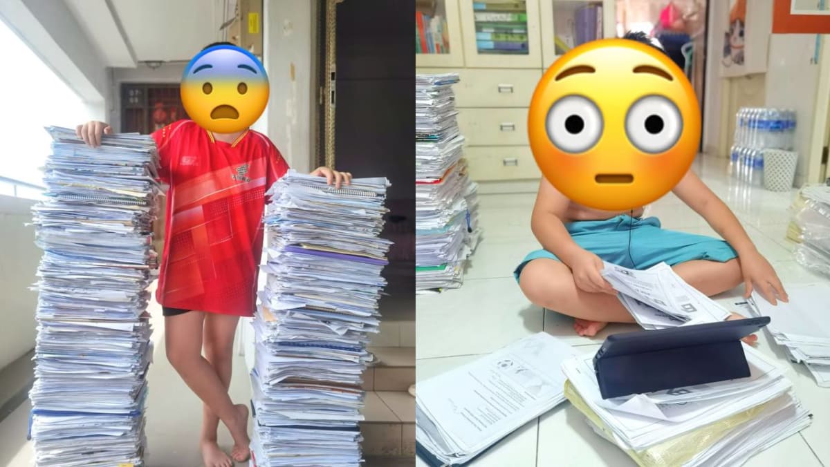 Mainland Chinese Dad In S’pore Shows Stacks Of Past Exam Papers Son Did In A Year To Prepare For PSLE